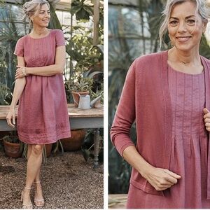 J Jill 100% Linen Pleated Cap Sleeve Dress Size XL Coastal Boho Chic Relaxed